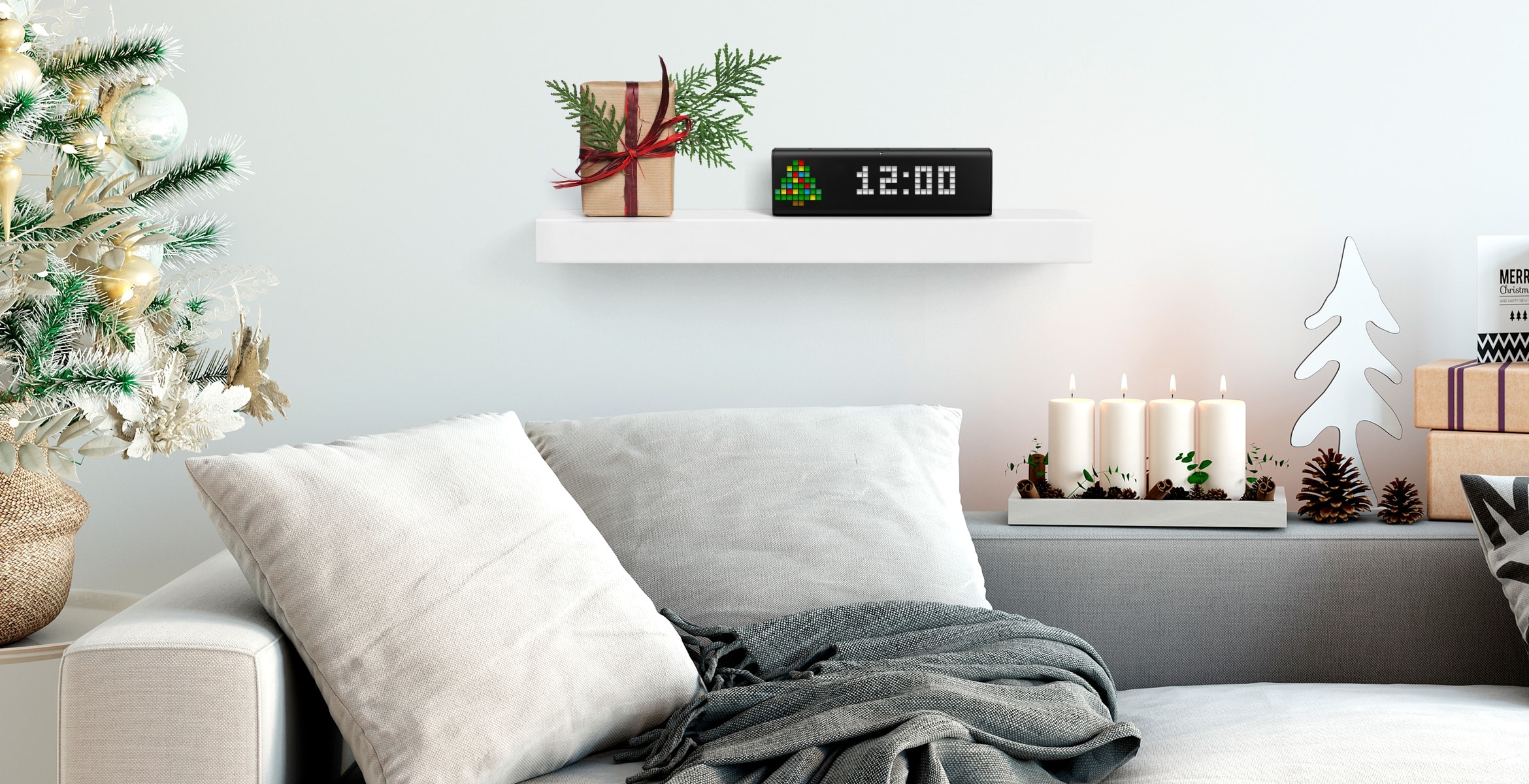 A digital clock stands on a shelf in the room with Christmas decorations, displays time and Christmas tree as a clock face