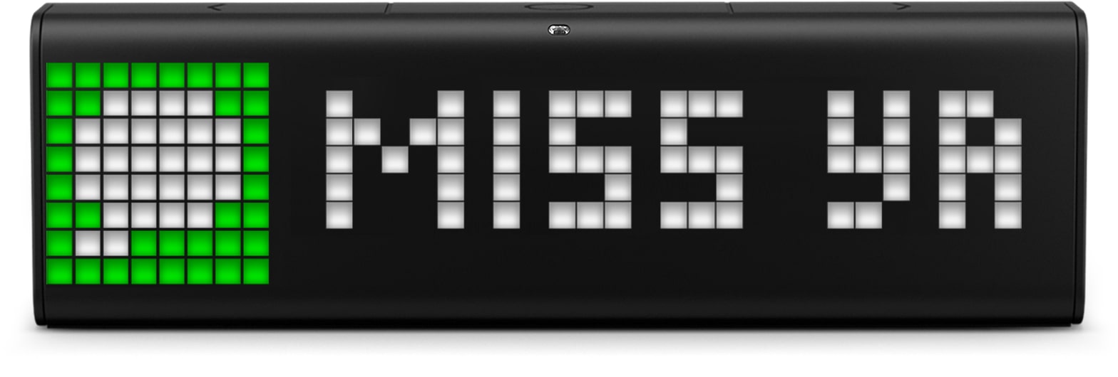 LaMetric Time smart clock displays the incoming iMessage "miss ya"